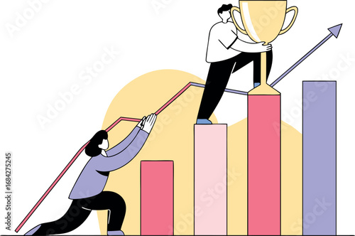 Teamwork and collaboration achieve success and victory with a trophy