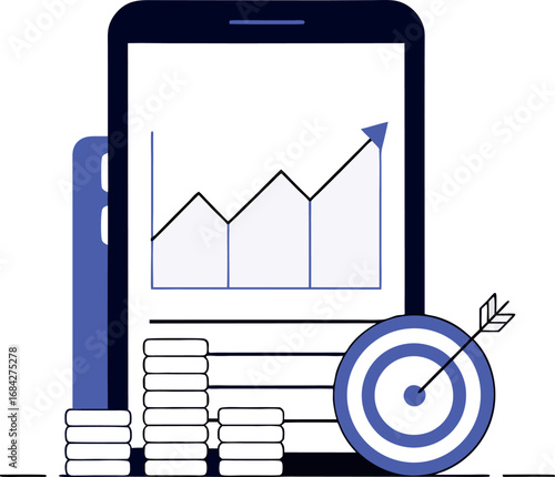 Mobile phone displaying financial growth chart with coins and target