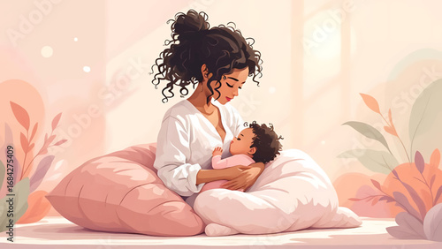 Modern vector illustration of a mother breastfeeding her baby with soft colors and minimal style, perfect for health campaigns, parenting blogs, and awareness materials