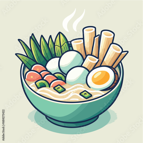 Handdrawn Colorful Asian Ramen Bowl with Egg and Vegetables Illustration