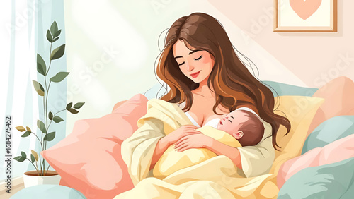 Modern vector illustration of a mother breastfeeding her baby with soft colors and minimal style, perfect for health campaigns, parenting blogs, and awareness materials