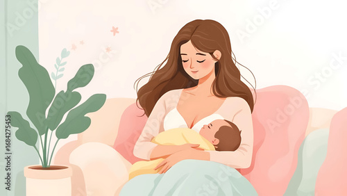 Modern vector illustration of a mother breastfeeding her baby with soft colors and minimal style, perfect for health campaigns, parenting blogs, and awareness materials