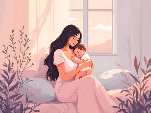 Modern vector illustration of a mother breastfeeding her baby with soft colors and minimal style, perfect for health campaigns, parenting blogs, and awareness materials