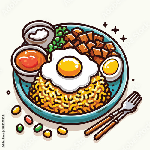 Colorful Handdrawn Nasi Goreng Indonesian Fried Rice Dish Illustration
