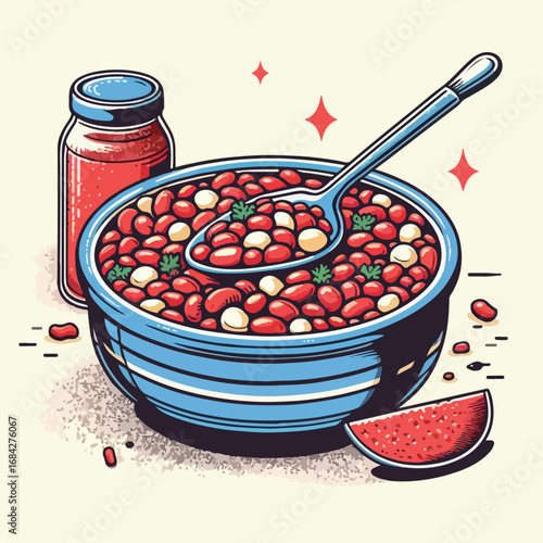 Vibrant Handdrawn Bowl of Beans with Spoon and Jar Still Life