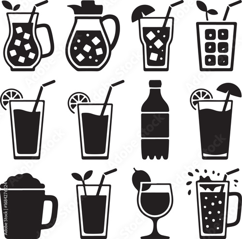 Assortment of black silhouette icons depicting various beverages and drinkware glass