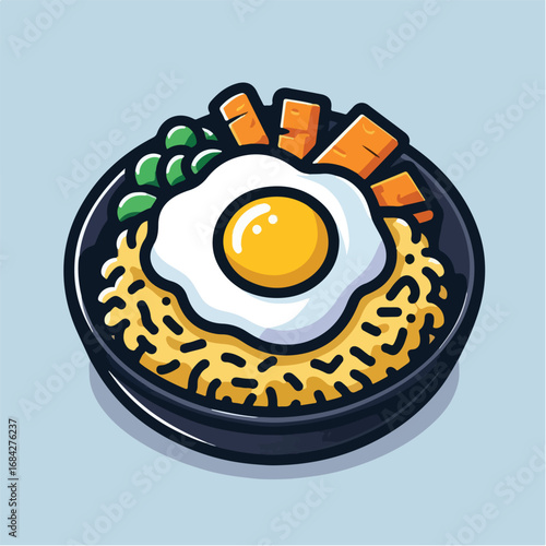 Cartoon Style Delicious Fried Rice with Egg and Vegetable Illustration