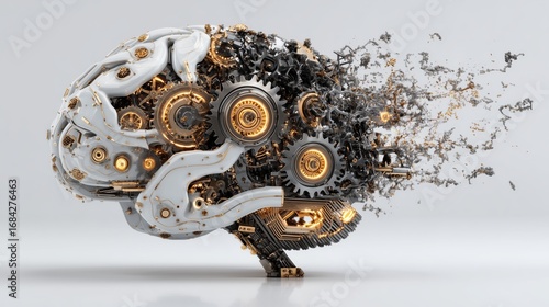 Mechanical brain gears with disintegration effect isolated on a white background