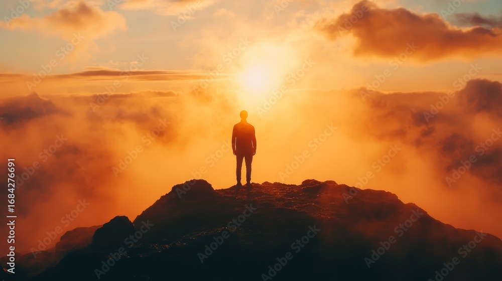 Fototapeta premium A lone man stands on a mountaintop, silhouetted against a vibrant sunset with clouds.
