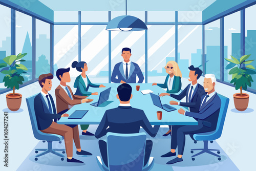 Diverse team collaborates during strategic meeting in modern conference room showcasing teamwork and success