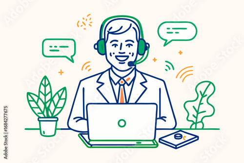 Friendly customer service agent with headset connects with clients online, ensuring seamless communication and support.