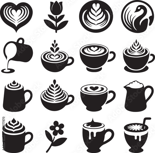 Coffee latte art and cafe icons silhouette collection vector illustration