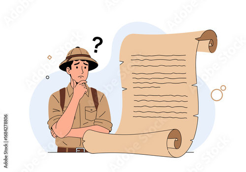 Adventurous explorer contemplating ancient map with curious expression and question mark above his head