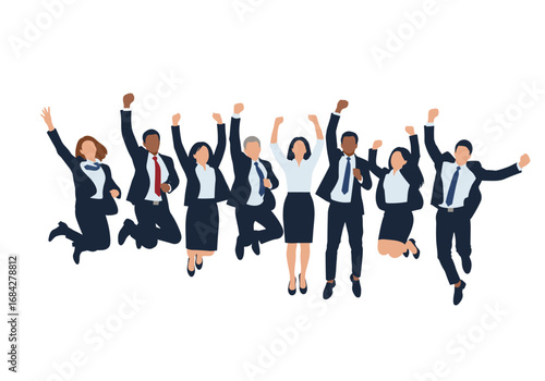 Diverse group of professionals celebrating success with joyful jubilation and energetic enthusiasm