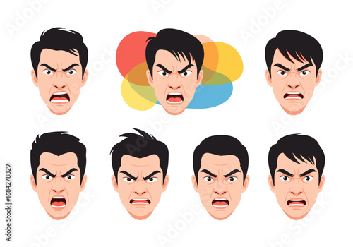 Angry man expressing furious emotions facial expressions collection showing different levels of rage and frustration