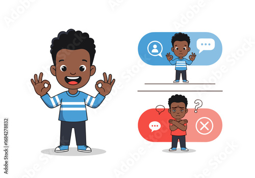 Young boy showing positive and negative communication styles with speech bubbles and icons illustrating good and bad interactions