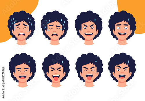Collection of expressive male faces showing a range of emotions from joy to distress and anger