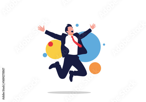Businessman celebrates achievement jumping with arms raised high in the air