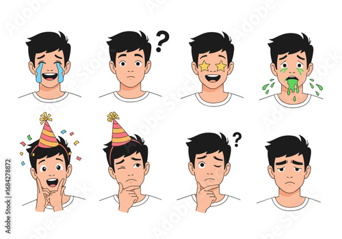 Collection of young man expressing various emotions and feelings through facial expressions and body language