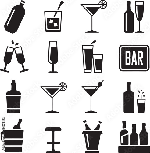 Bar and drinks icons for cocktails, wine, and spirits in a pub Keywords: bar, drinks, cocktails