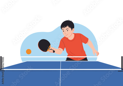 Young boy playing ping pong on a blue table with a black paddle and orange ball during a match