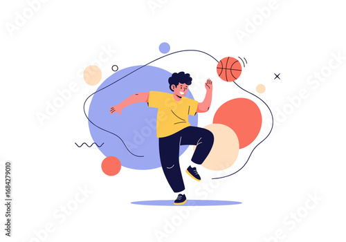 Energetic young person with arms raised in dynamic movement against a backdrop of abstract shapes and a basketball