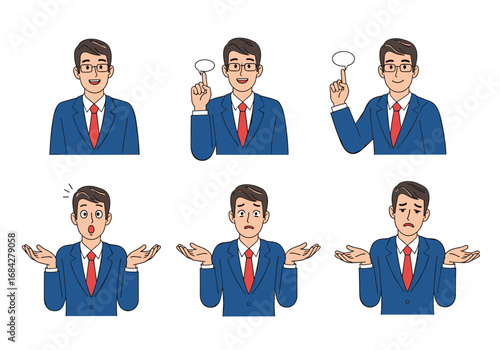 Collection of business professional poses expressing various emotions and ideas showing confidence confusion surprise and thoughtfulness