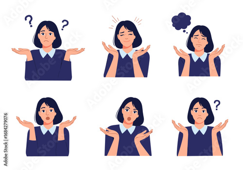 Confused woman expressing doubt and uncertainty through various gestures and facial expressions