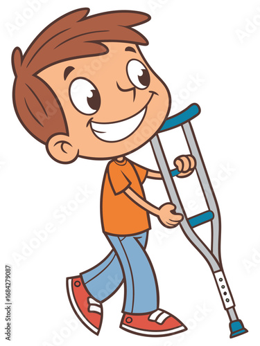 A cartoon boy with brown hair and a wide smile. He's wearing an orange T-shirt and blue jeans, and he's using a single gray and blue crutch to help him walk. He looks happy and confident.