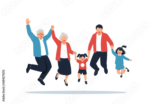Happy generational family celebration jumping together joyfully illustrating connection and unity