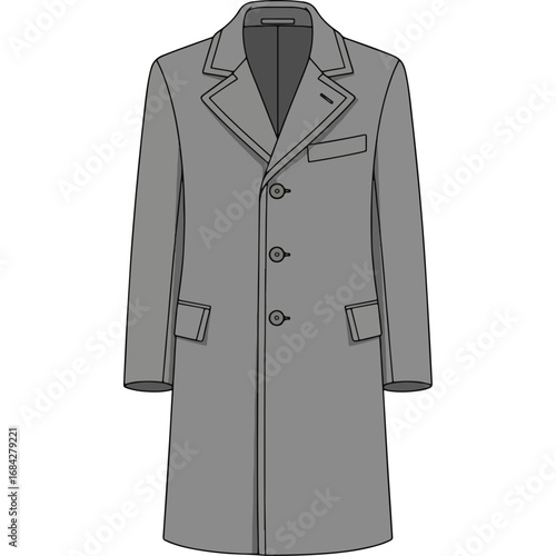 Classical Overcoat Illustration: Gray Men's Trench Coat Style, suitable for use in pattern design, fashion textiles, clothing brand catalogs, and professional presentations.