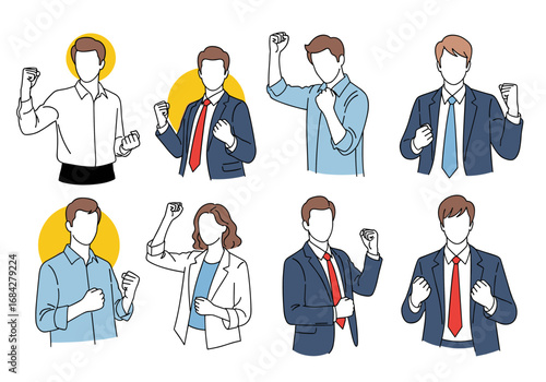 Illustrations of business professionals celebrating success and achievement with determined fists raised high