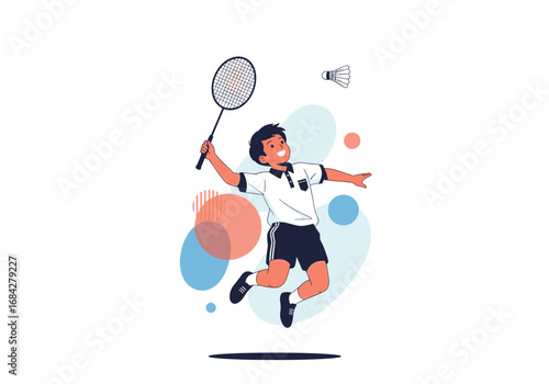 Young athlete excelling at badminton smash while jumping high during a tournament game