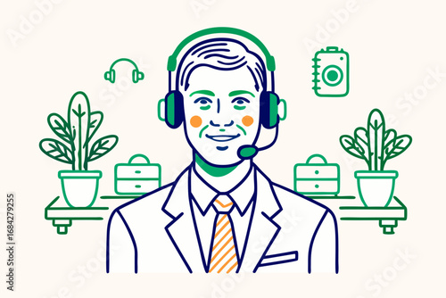 Friendly customer service representative with headset smiling, modern workspace with plants and equipment
