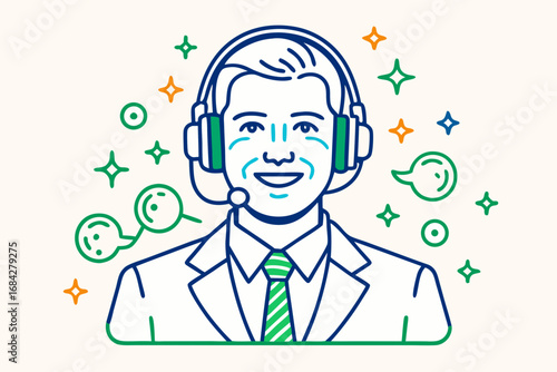 Friendly customer service representative wearing headset, ready to assist clients with positive communication.