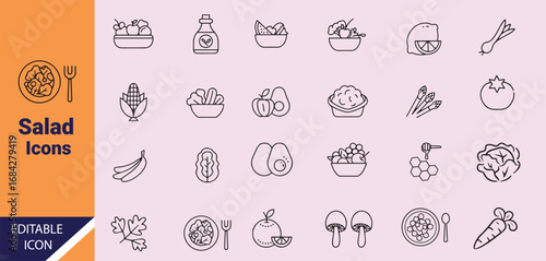 Black outlined salad ingredient icons present food ingredients on a lavender transparent background