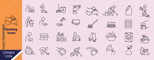 Black line icons demonstrate people doing various housework chores on white surface with transparent background