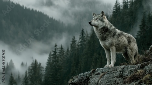 Wolf stands on a rocky ledge overlooking a misty forest landscape.