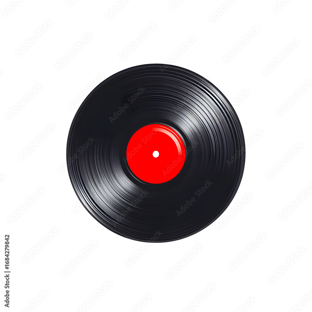 Fototapeta premium Classic Vinyl Record with Red Label on Dark Background Represents Music History