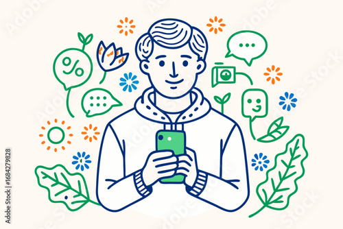 Young man happily using smartphone surrounded by colorful icons representing communication and growth