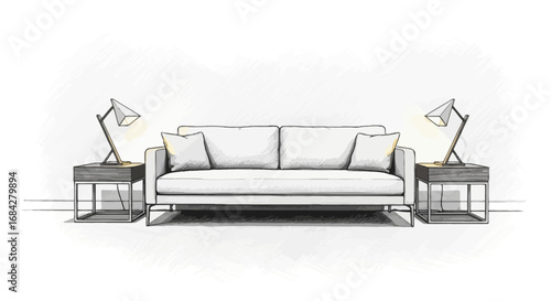 Symmetrical Interior Sketch of a Couch and Nightstands in a Modern Style