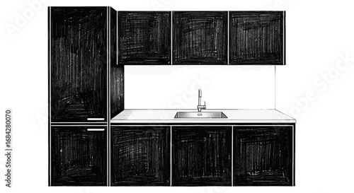 Artistic kitchen interior design illustration with black cabinet units