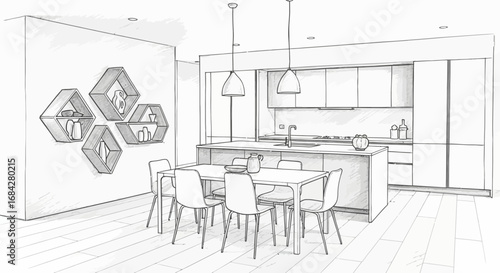 Contemporary kitchen dining room sketch with modern furnishings