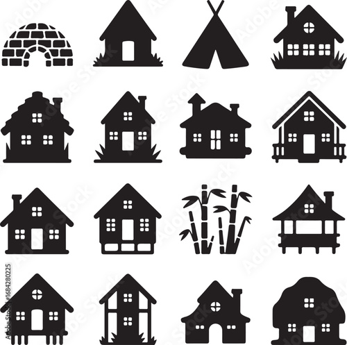 Assortment of black house and shelter silhouettes on white background home building