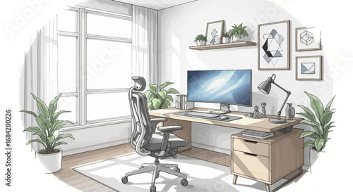 Cozy and Inspiring Home Office Setup with Natural Light and Green Plants