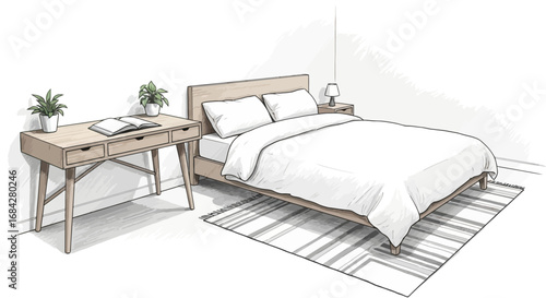 Cozy bedroom interior sketch featuring bed, desk, and indoor plants