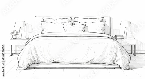 Cozy bedroom sketch with soft bedding and bedside table lamps illustration