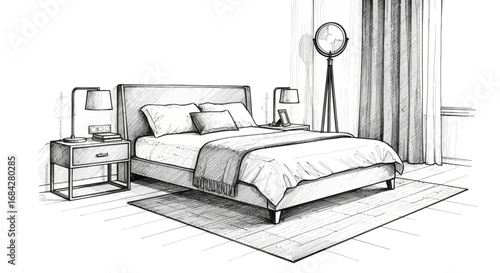 Cozy bedroom interior hand drawn sketch with double bed and rug