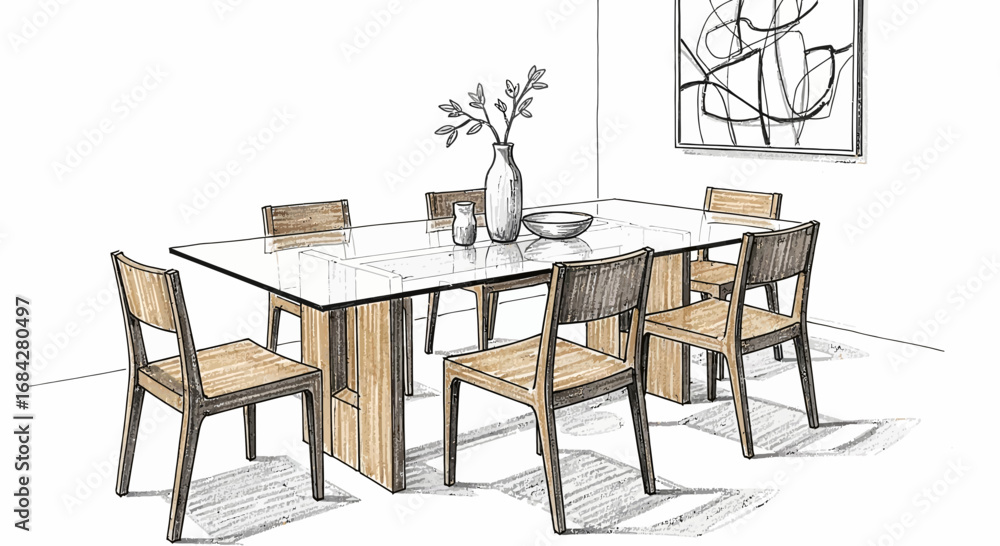 Elegant dining area rendering with glass table and wood chairs ensemble
