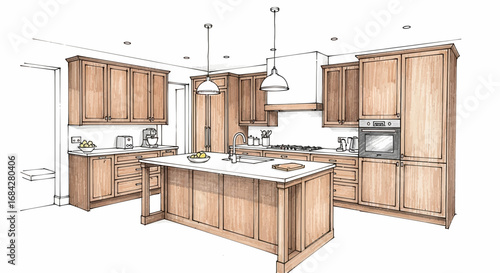 Detailed kitchen illustration showcasing custom cabinetry and island fixture